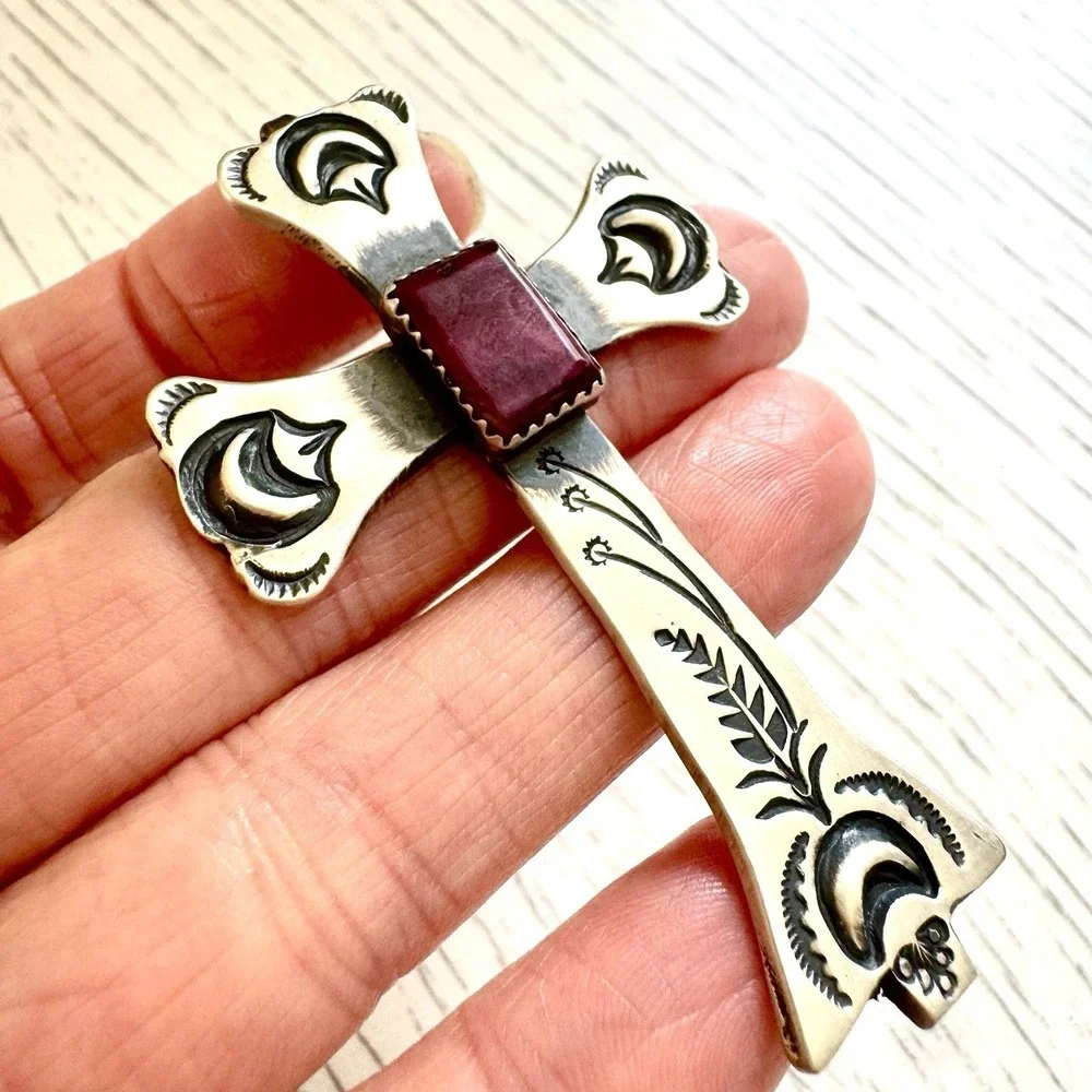 Navajo Cross Pendant 2.7in Purple Spiny Oyster Yucca Sterling V Cayancito Signed